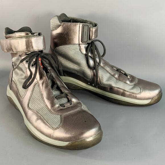 PRADA SPORT Size 10.5 America's Cup Silver Leather Nylon Mesh Ankle Sneakers - Picture 1 of 11